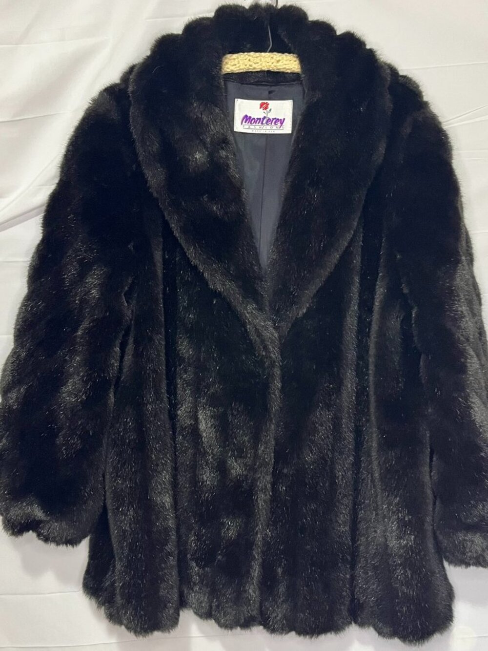 Monterey Fashions Faux Fur Mink Women's Black Lined Mid Length Coat Vintage 2X